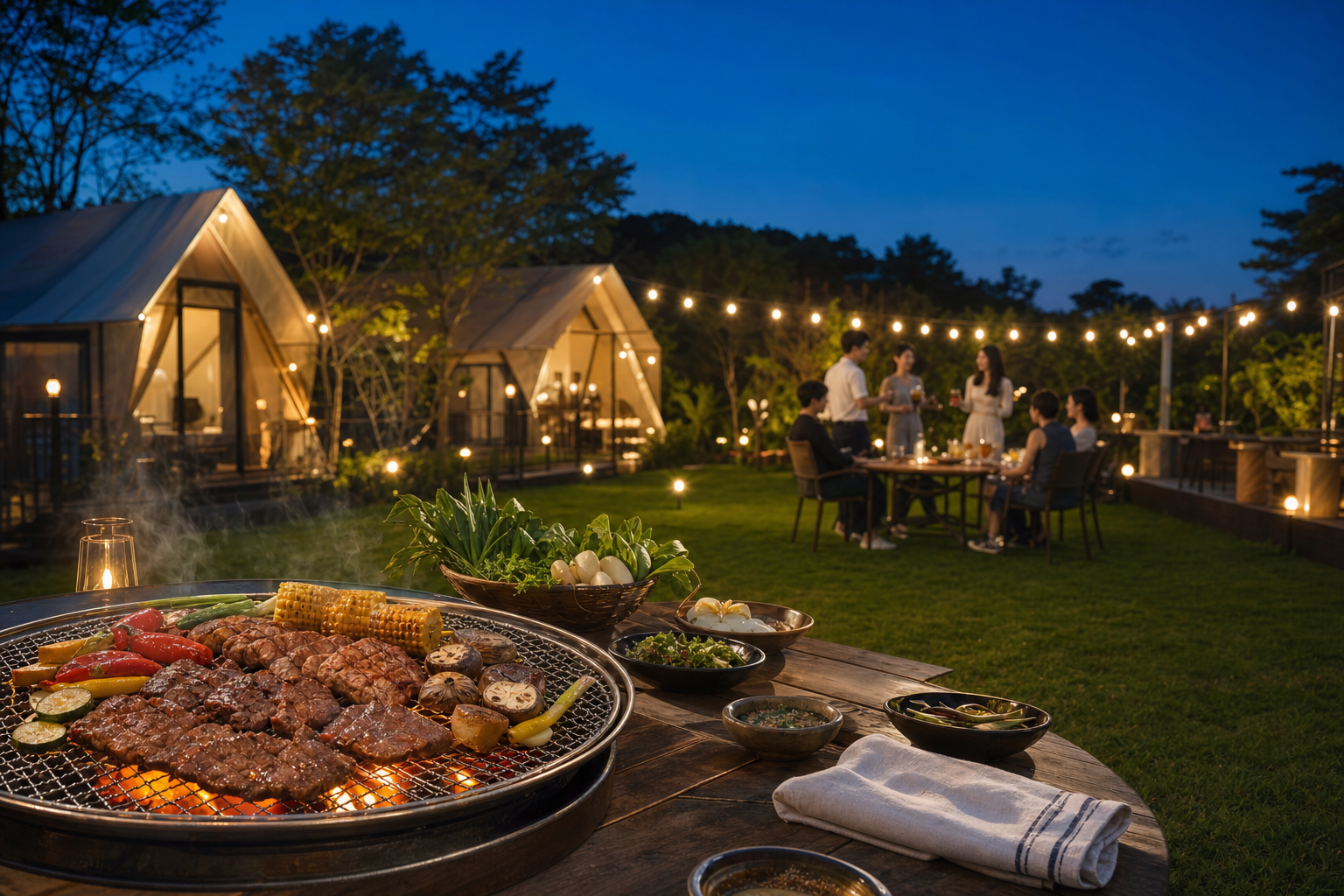 灯りがともる京畿道のガーデンBBQ会場