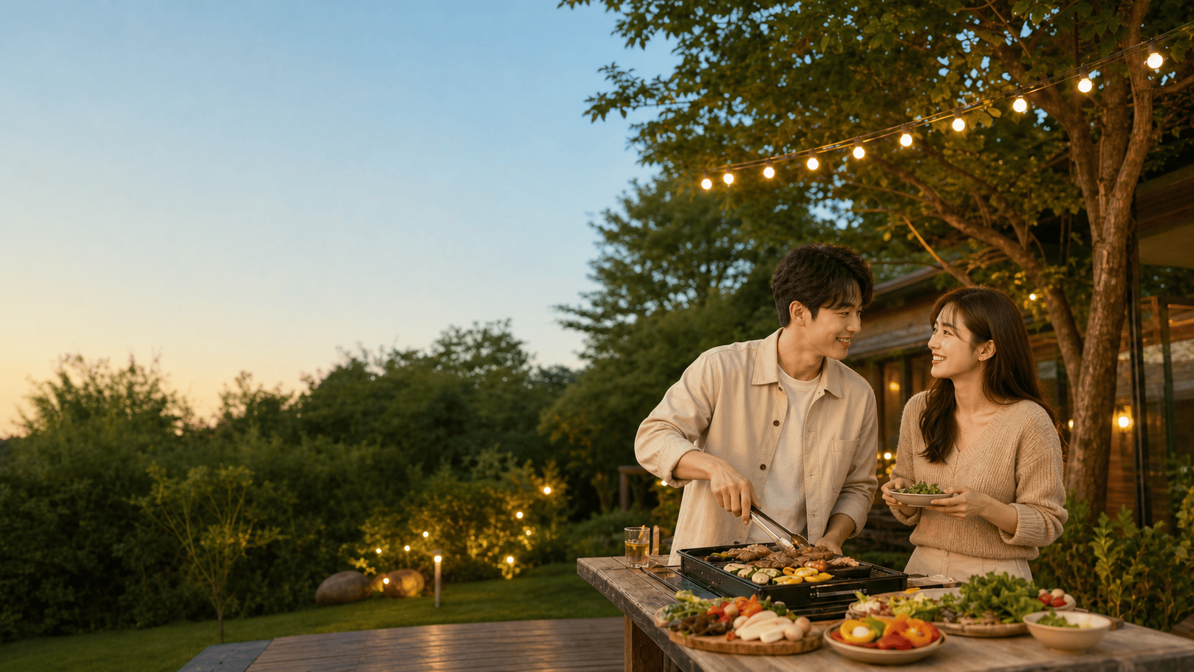 夕暮れのガーデンBBQで会話を楽しむ若い韓国人男性と日本人女性