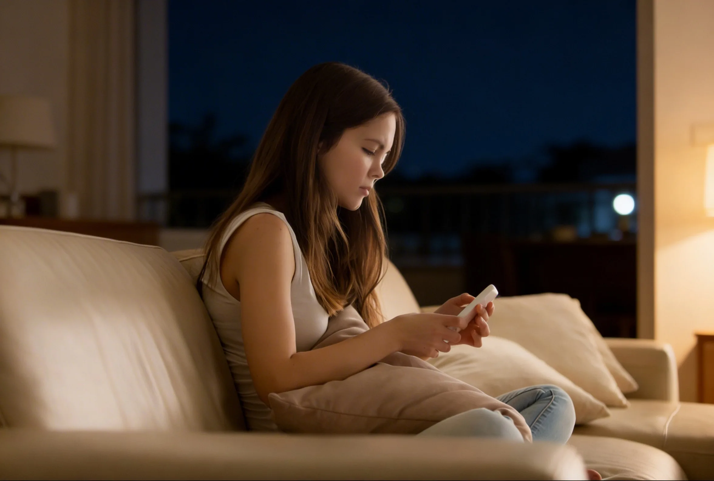 夜にソファでスマートフォンを見つめる女性